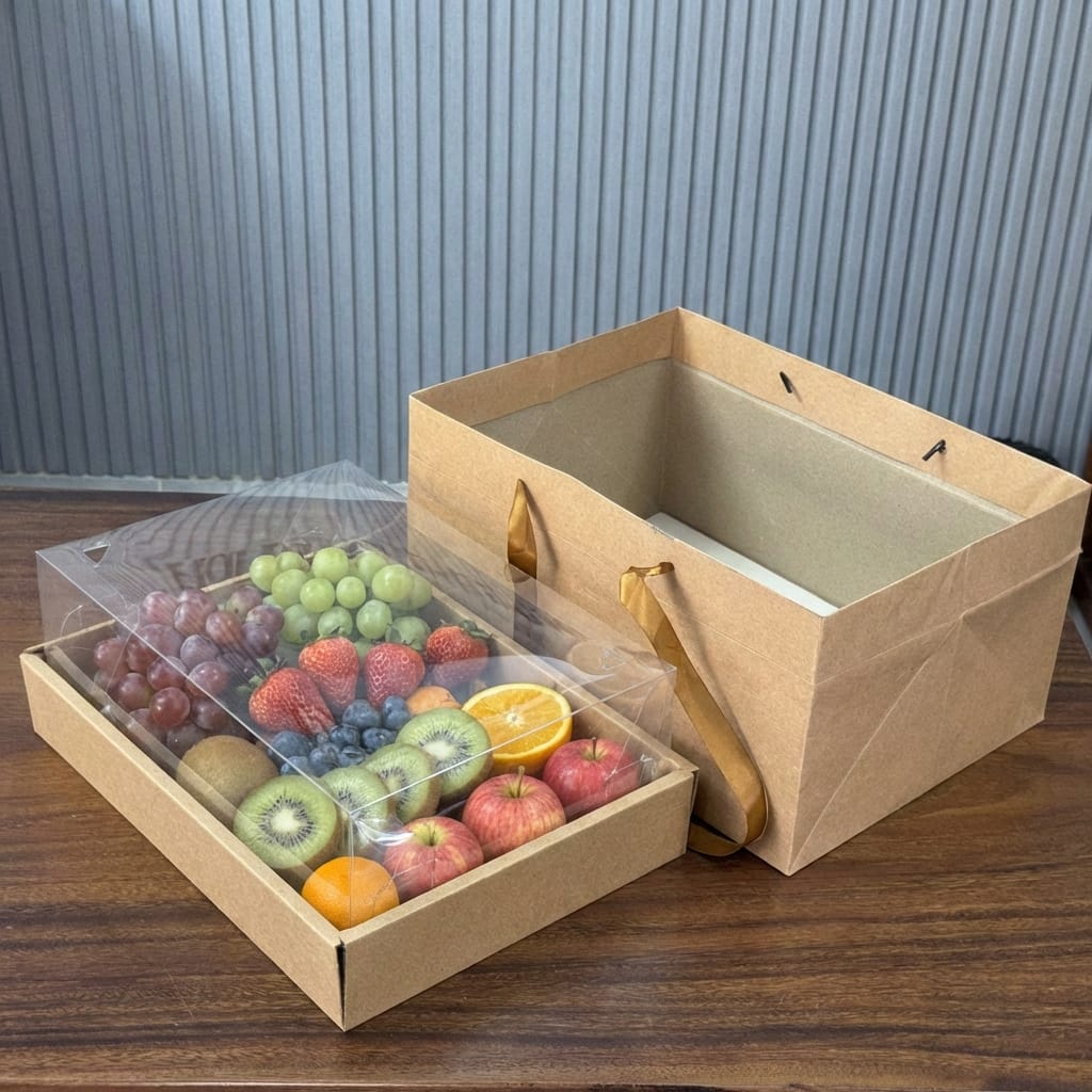 Hộp Trái Cây Mica Chữ Nhật Kèm Túi Kraf 25x35cm(Set 10 cái)